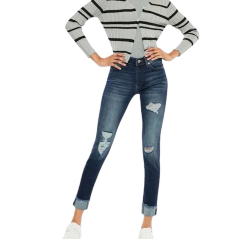 KanCan High Rise Distressed Skinny Cuffed Ankle Jeans Size 7/27 NWT